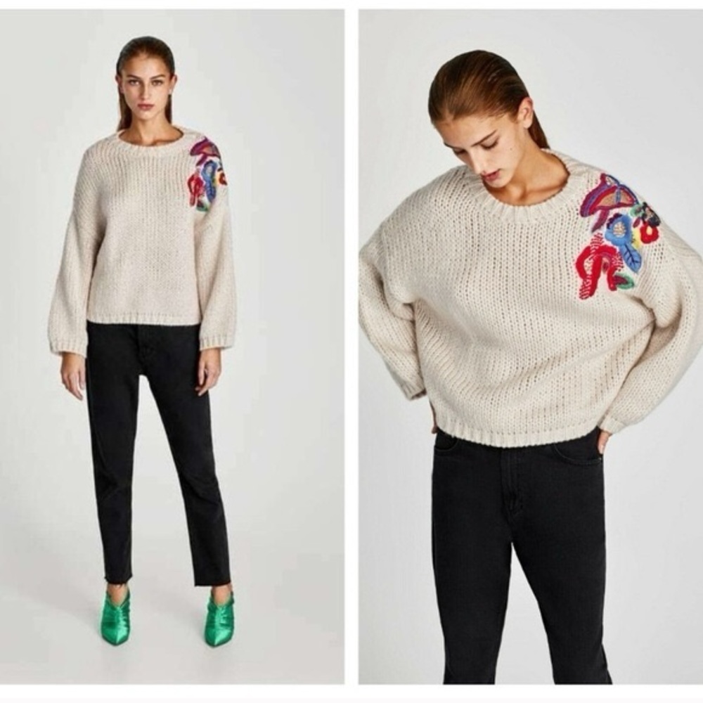 Zara Multicolor Embroidered Cream‎ Sweater